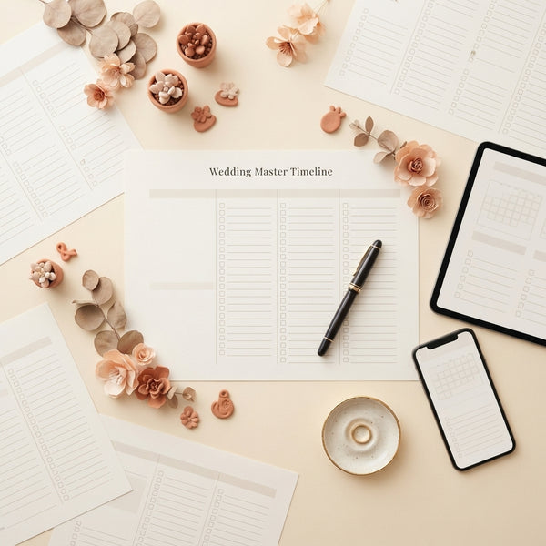 An organized wedding planning workspace with a pen and open documents on a cream surface with blush and terracotta decor.