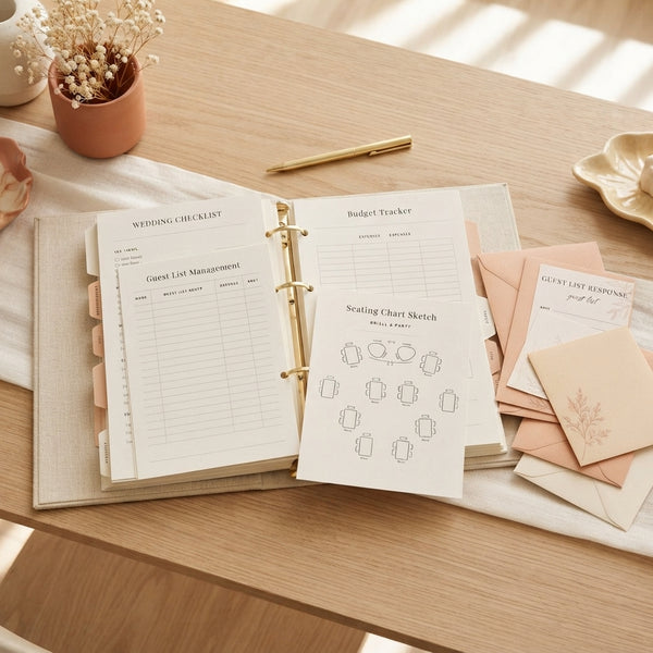 Open wedding planner binder with guest list templates and seating arrangement sketches on a styled tabletop.