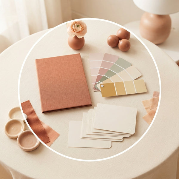 A flat lay of honeymoon travel documents, stationery swatches, and bridal party cards on a cream surface with blush accents.